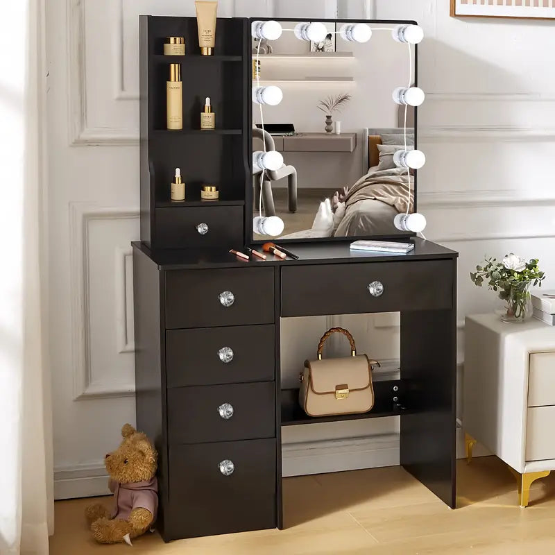 Dresser Vanity With Lights, 3 Light Colours, Black Dresser Set Vanity With 5 Drawers