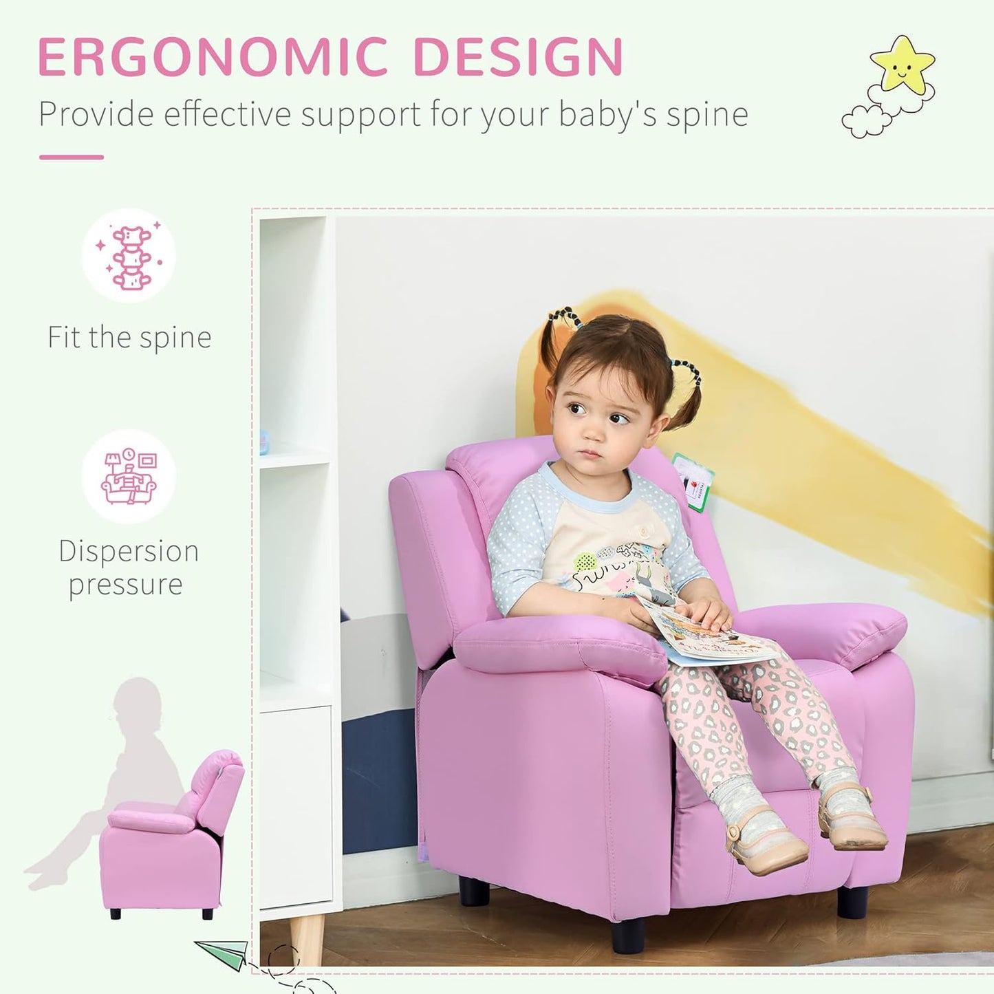 Kids Sofa Armchair Toddler Recliner Children's Chair Lounger Games Chair PU Leather w/Storage (Pink)