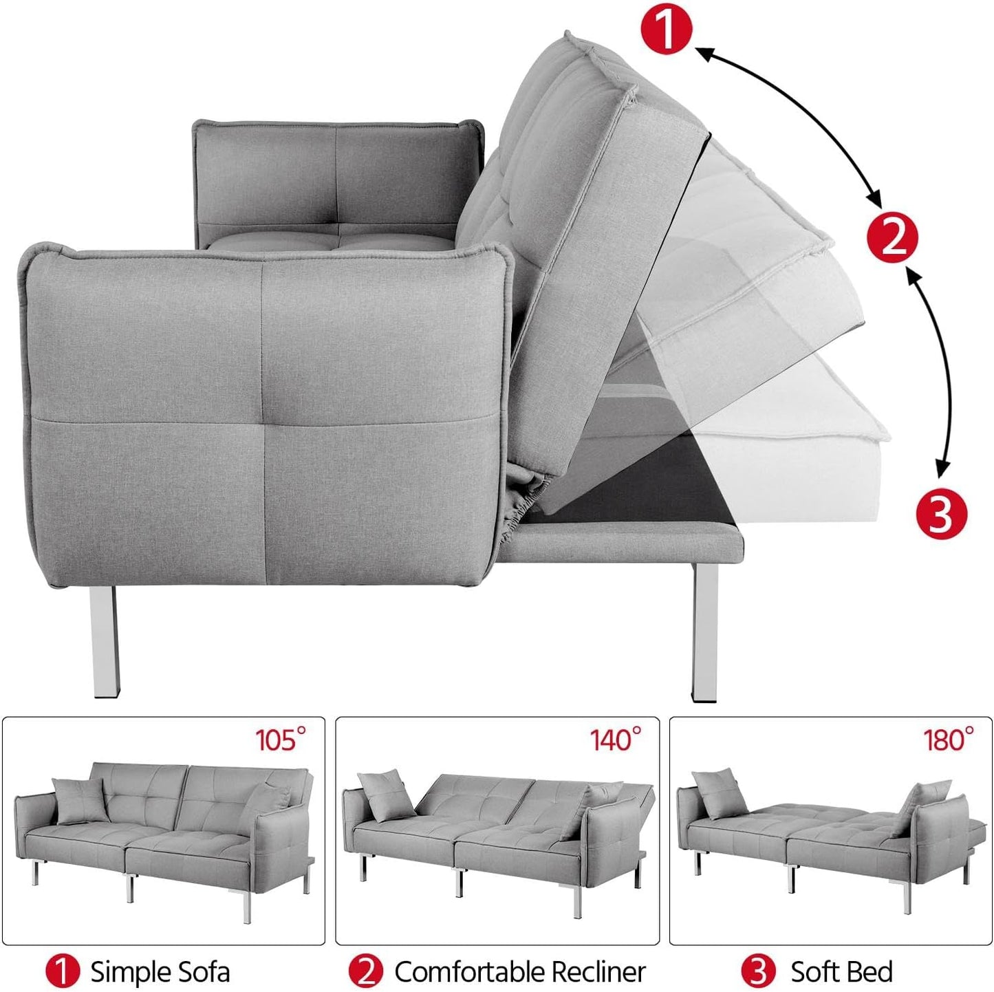 Sofa Bed 198CM Modern Fabric 3 Seat Click Clack Sofa Bed Couch Settee with Arms and 2 Soft Cushions