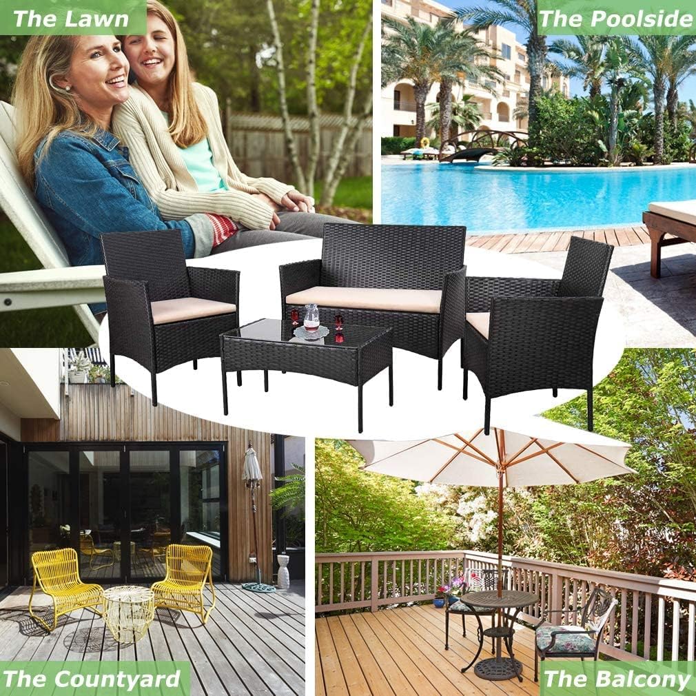 Garden Furniture Sofa Rattan Set 4 Pc Table and Chairs 4 Piece Indoor Outdoor Balcony Patio