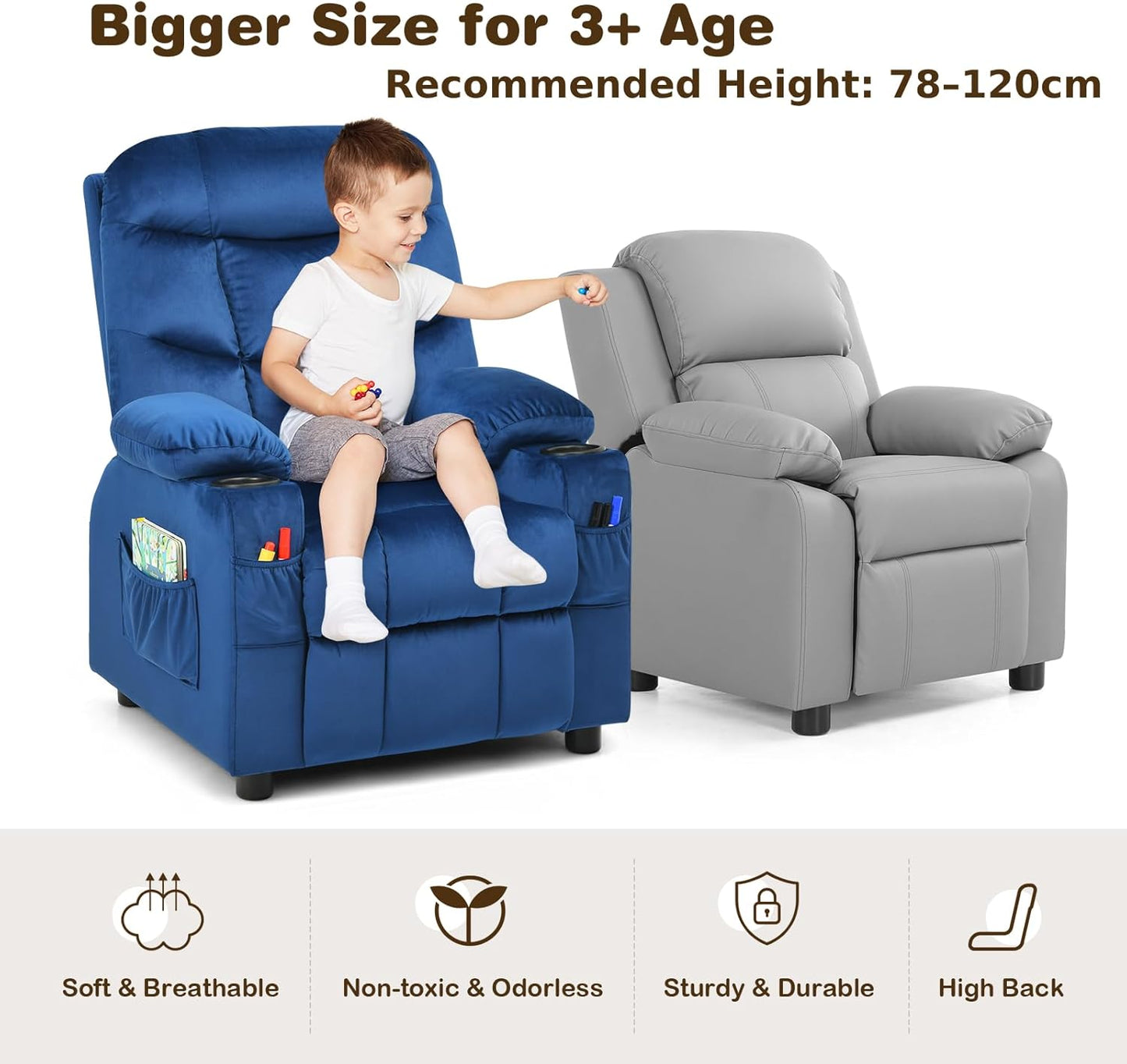 Kids Sofa Chair, Velvet Children Recliner Armchair with Adjustable Backrest & Footrest