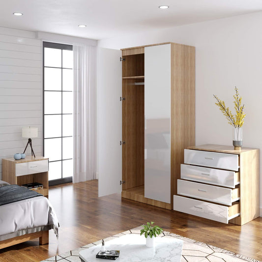 Wardrobe elegant 3 Piece Bedroom Furniture Sets High Gloss Soft Close ( WHITE & OAK )