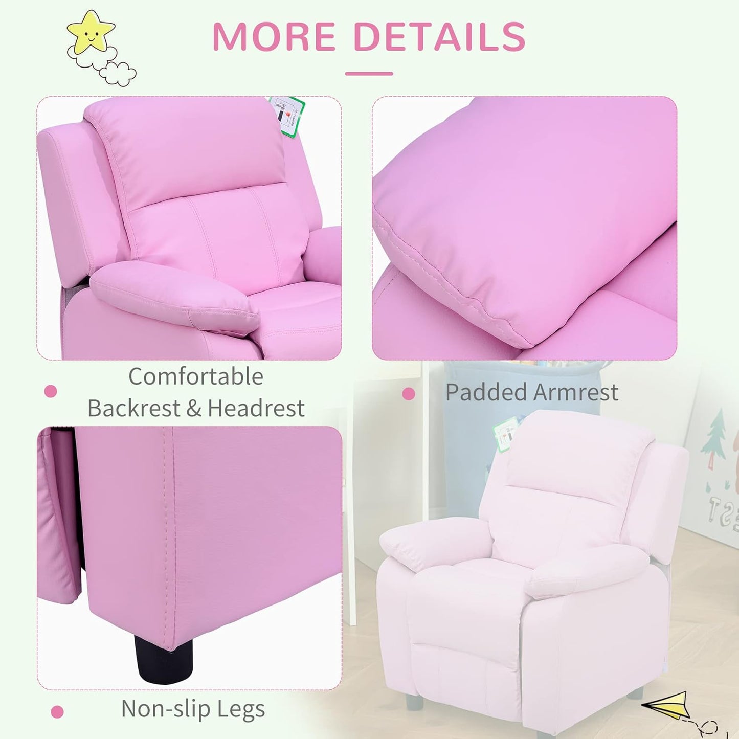 Kids Sofa Armchair Toddler Recliner Children's Chair Lounger Games Chair PU Leather w/Storage (Pink)