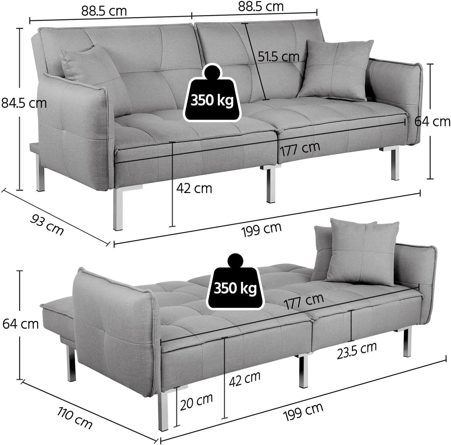 Sofa Bed 198CM Modern Fabric 3 Seat Click Clack Sofa Bed Couch Settee with Arms and 2 Soft Cushions