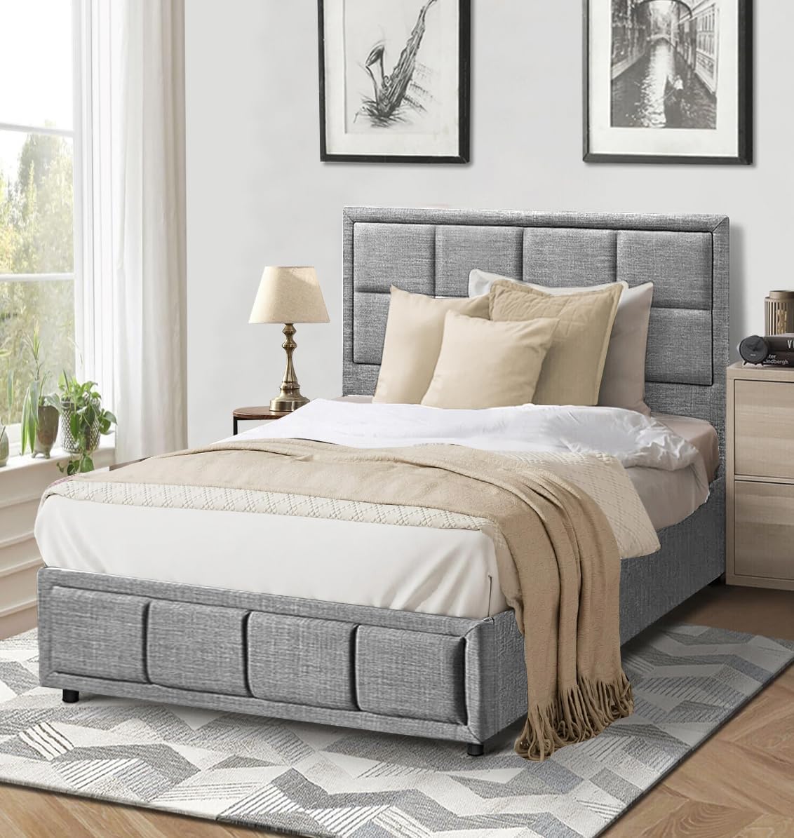 Ottoman Bed Frame, Upholstered Ottoman Bed UKFR Linen Grey Fabric