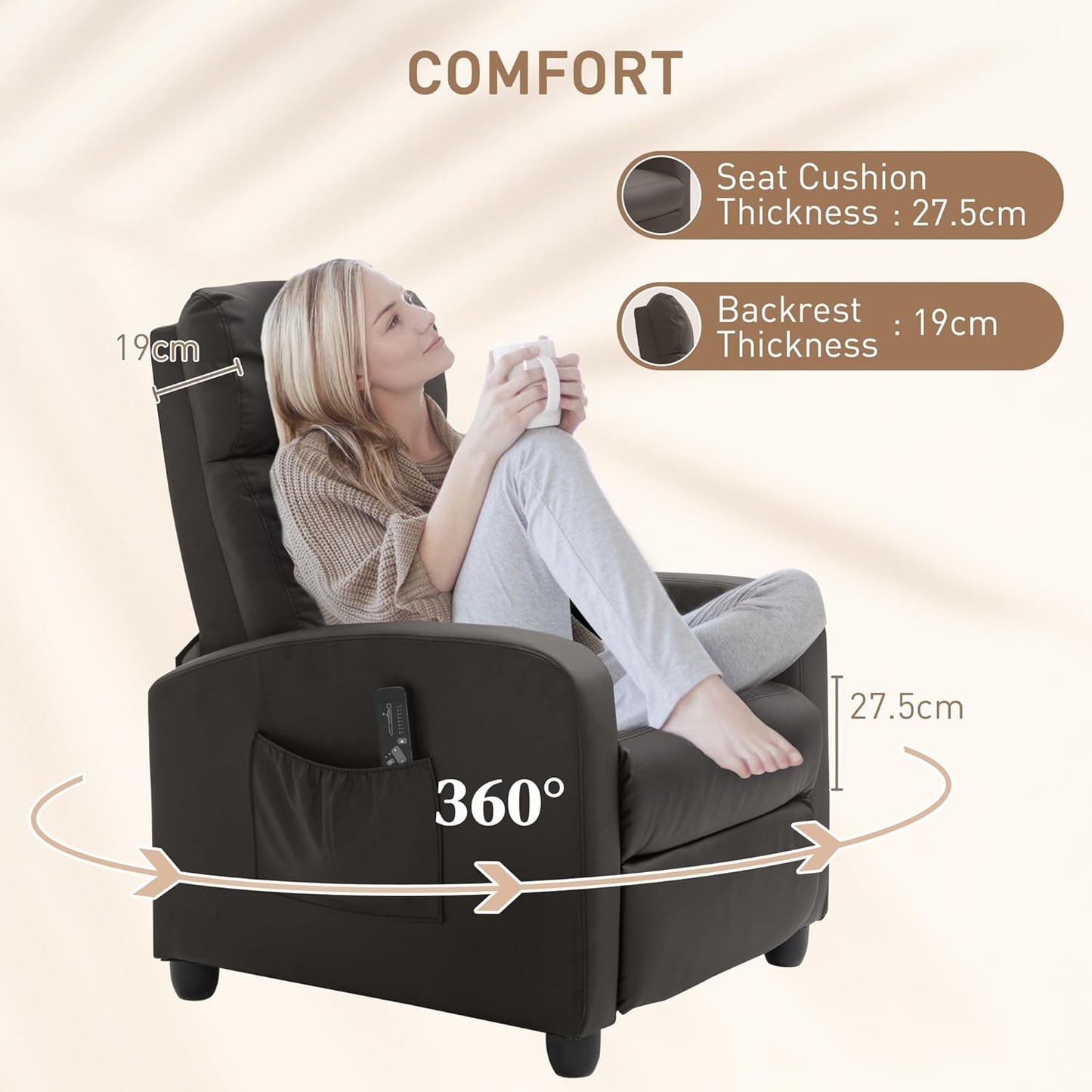 Sofa Recliner Armchair, Massage Faux Leather Push Back Reclining Chair with Adjustable Leg Rest