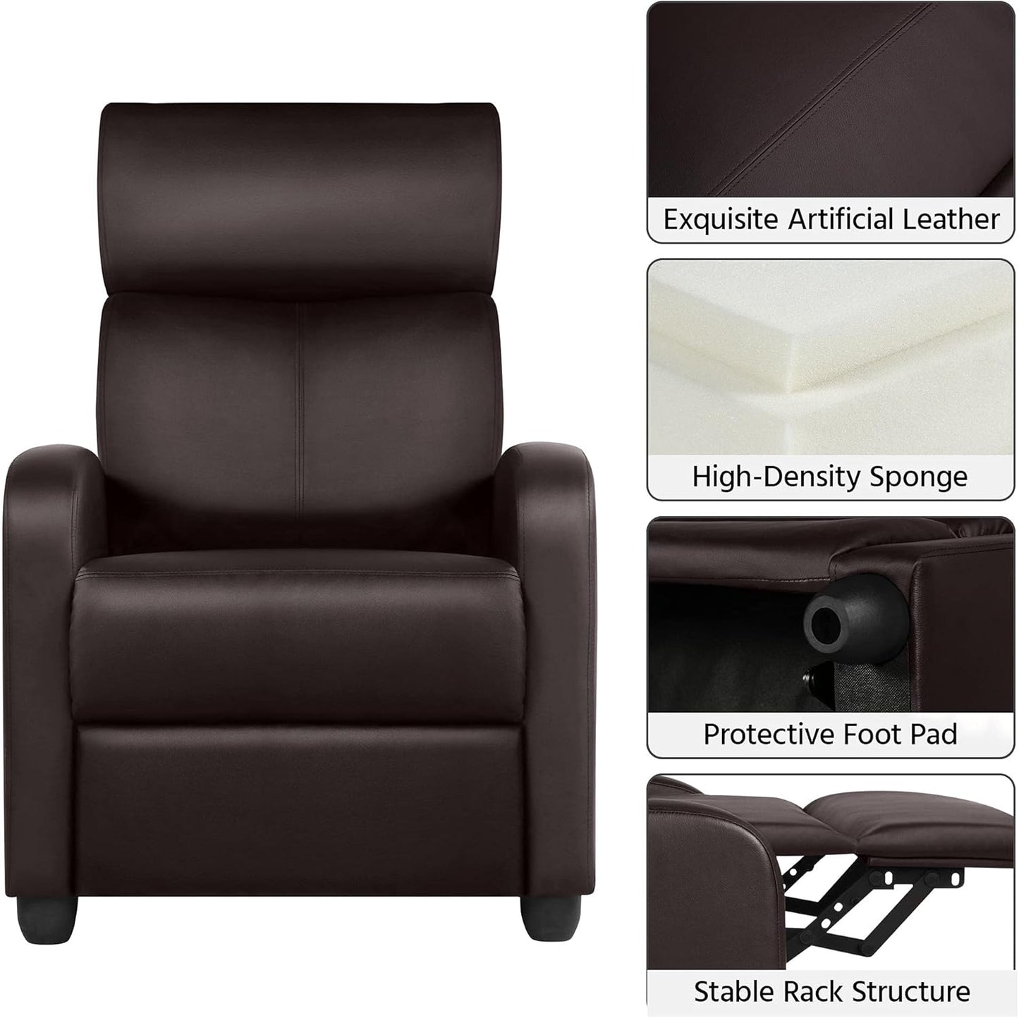 Sofa Recliner Armchair Single Padded Seat PU Leather Sofa Lounge Seating Adjustable Leg