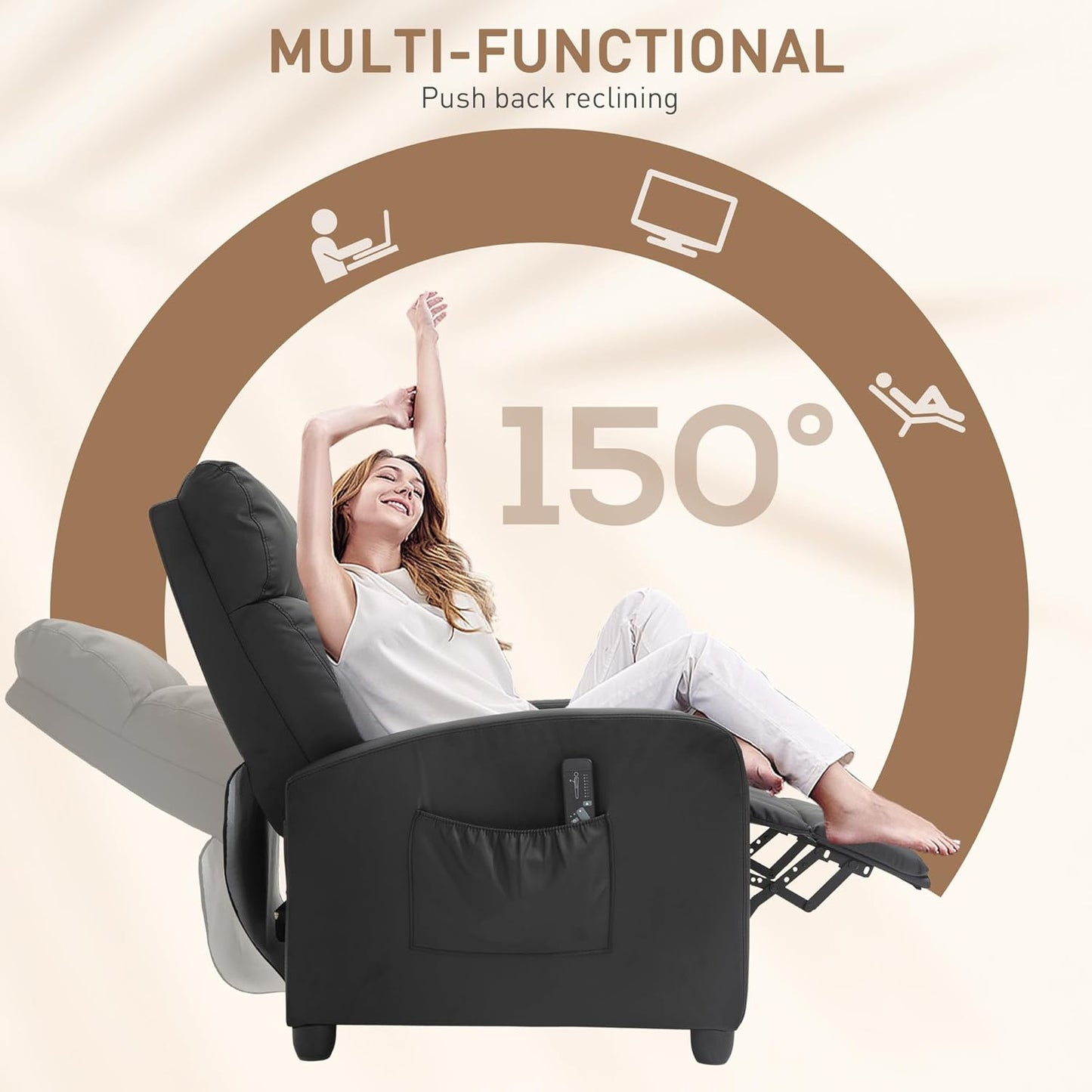 Sofa Recliner Armchair, Massage Faux Leather Push Back Sofa Reclining Chair with Adjustable Leg