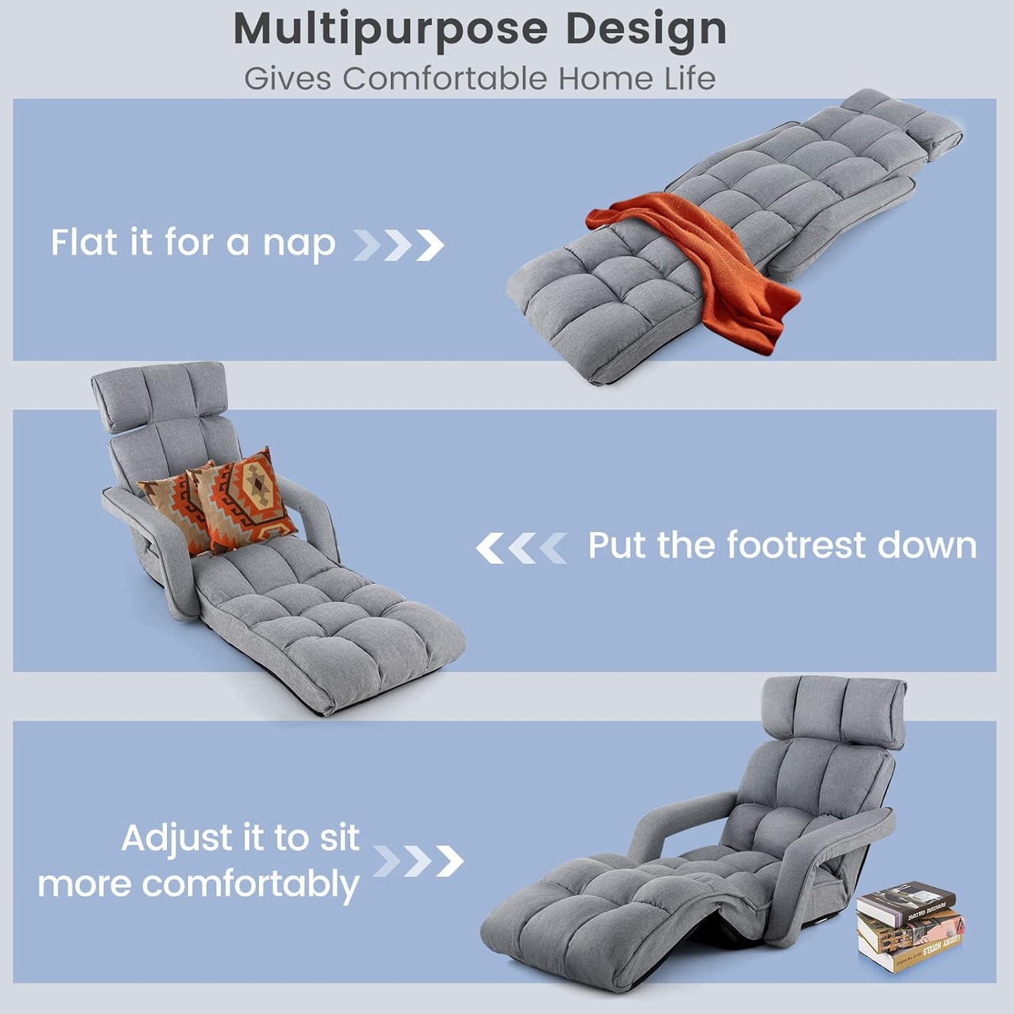 SofaFolding Sofa Bed, 6 Positions Adjustable Lazy Floor Sofa Chair Bed with Armrests and 8-Angle Footrest