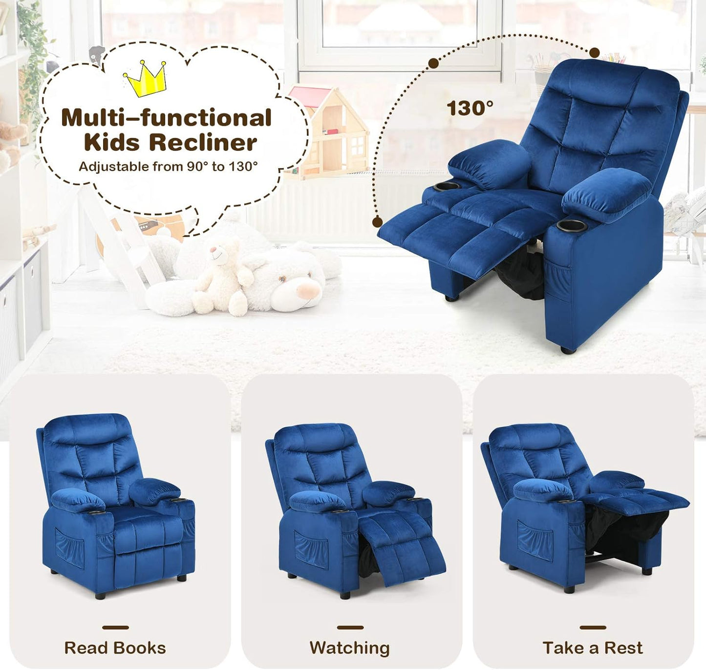 Kids Sofa Chair, Velvet Children Recliner Armchair with Adjustable Backrest & Footrest