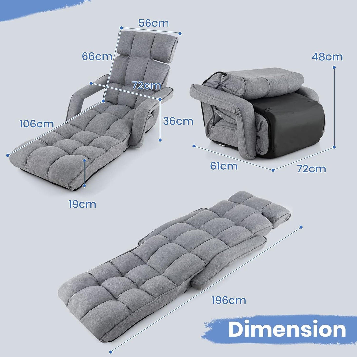 SofaFolding Sofa Bed, 6 Positions Adjustable Lazy Floor Sofa Chair Bed with Armrests and 8-Angle Footrest