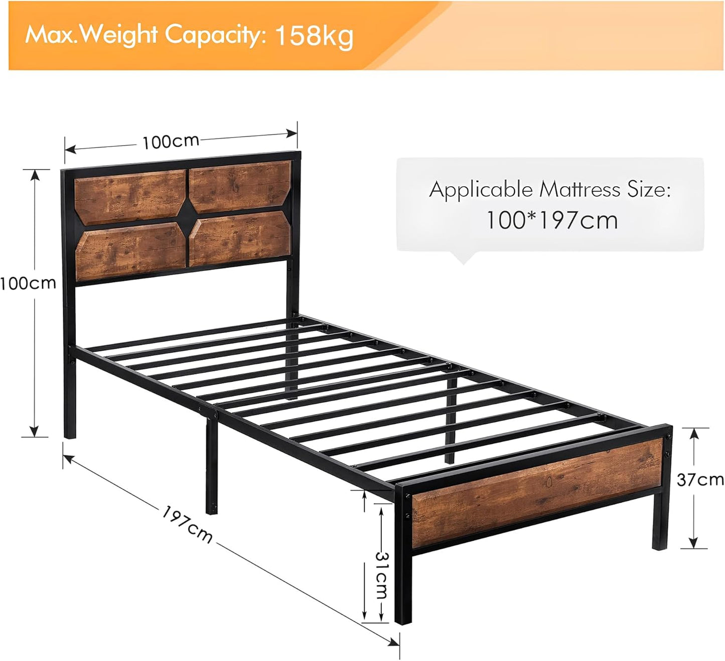 Metal Single Bed Frame Set of 2 with Wooden Design Headboard and Footboard