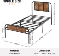 Metal Single Bed Frame Set of 2 with Wooden Design Headboard and Footboard