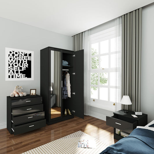 Wardrobe elegant 3 Piece Bedroom Furniture Sets High Gloss Soft Close (BLACK)