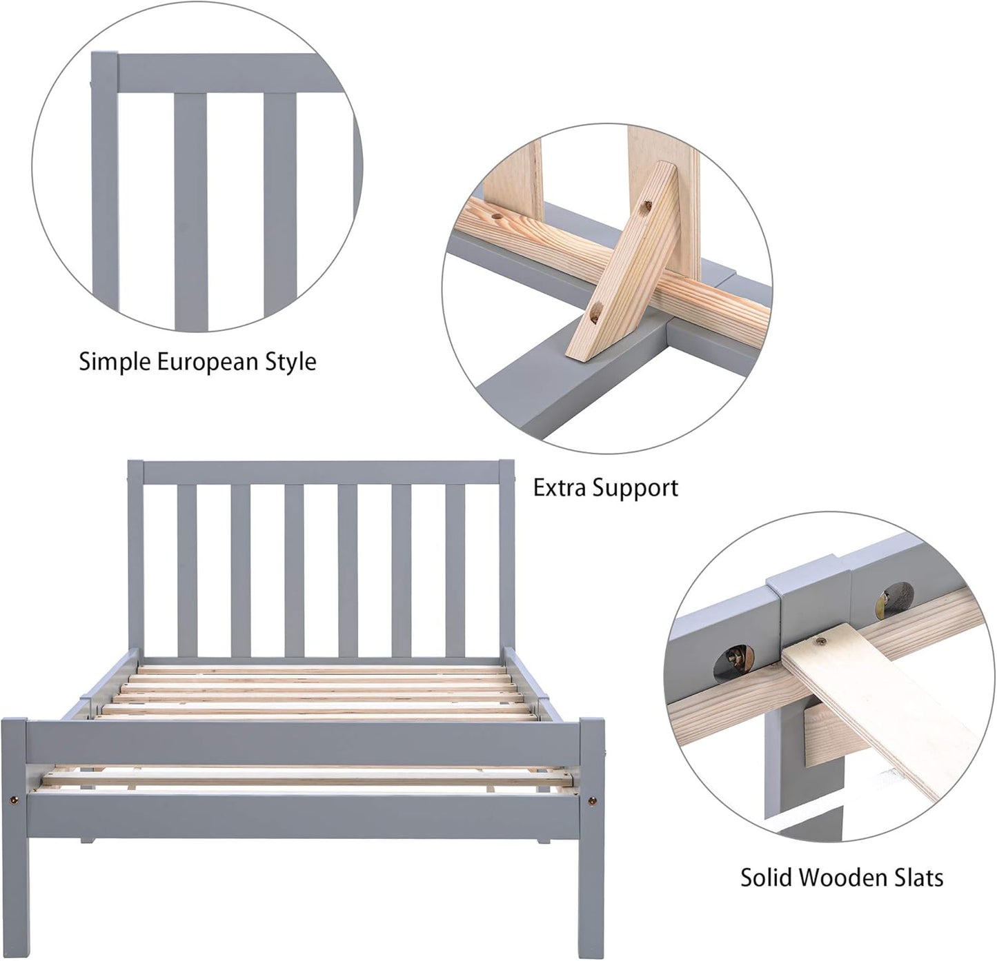 Wooden Bed Frame, Single Bed 3ft Solid Wooden Bed Frame, Adults + Kids