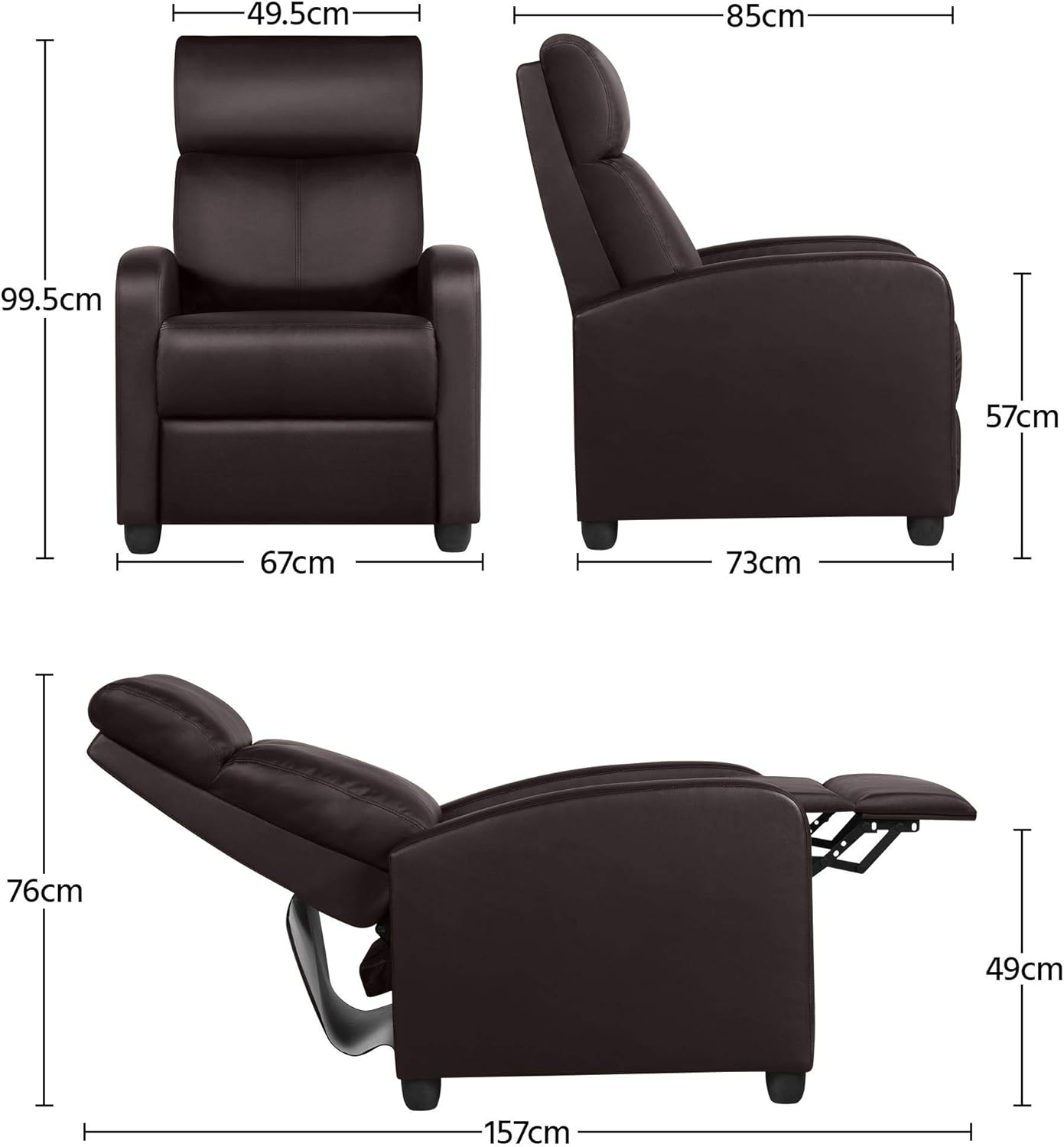 Sofa Recliner Armchair Single Padded Seat PU Leather Sofa Lounge Seating Adjustable Leg