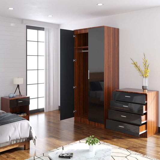 Wardrobe elegant 3 Piece Bedroom Furniture Sets High Gloss Soft Close ( BLACK & Walnut )