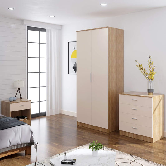 Wardrobe elegant 3 Piece Bedroom Furniture Sets High Gloss Soft Close ( CREAM & OAK )