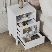 WHITE Bedside Table With Charging Station, End Table With Glass Drawers, With LED Lights