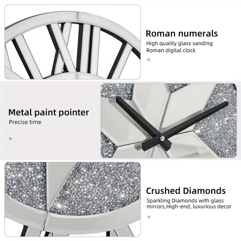 60cm Round Sparkle Crushed Diamond Wall Clock Silver Glass Mirror Wall Clock Quartz