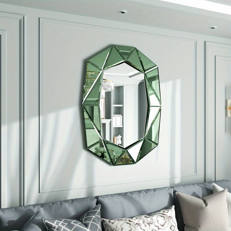 Vintage Green Beveled Glass Wall Mirror Artistic Irregular Accent Mirror for Living Room Bedroom Wall Decor