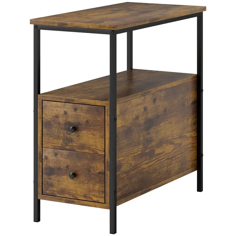 Side Table, Narrow Bedside Table with 2 Drawers and Storage Shelf, Industrial Metal Table