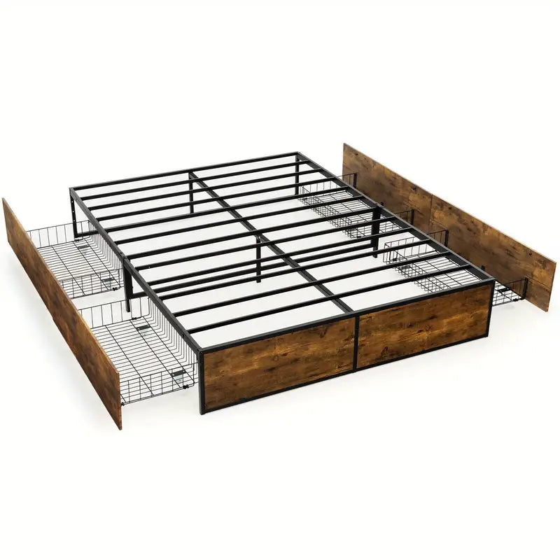 (5ft Kingsize) Wooden Platform Bed Frame With Iron Base, Storage Bed With 4 Drawers, Easy Installation