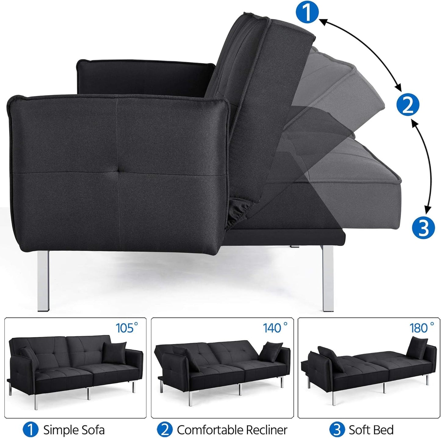 Sofa Bed 3 Seater Sofa Click Clack Sofa Bed Recliner Couch with Adjustable Backrest Modern Fabric Sofas