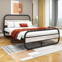 Metal Bed King Size Metal Platform Bed Frame with Wood Headboard