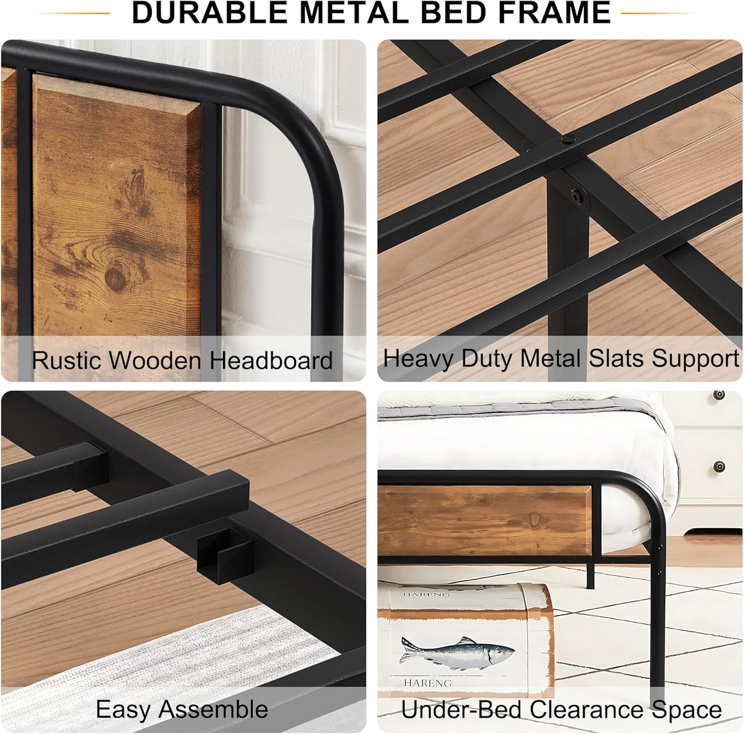 Metal Kids Double Bed Wooden Headboard & Footboard, Under bed Storage