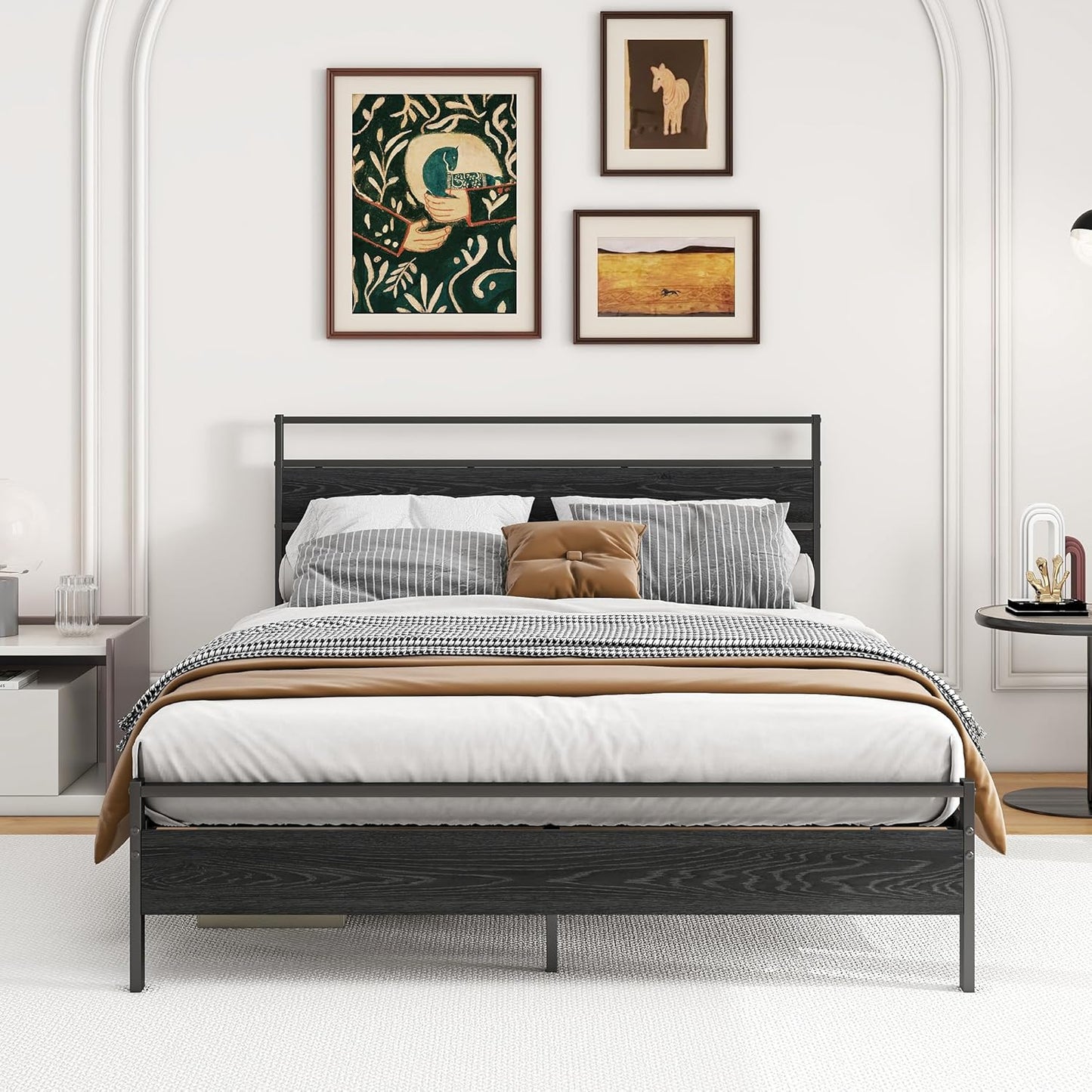 Metal Bed Frame with Wooden Headboard, Metal Bed Frame