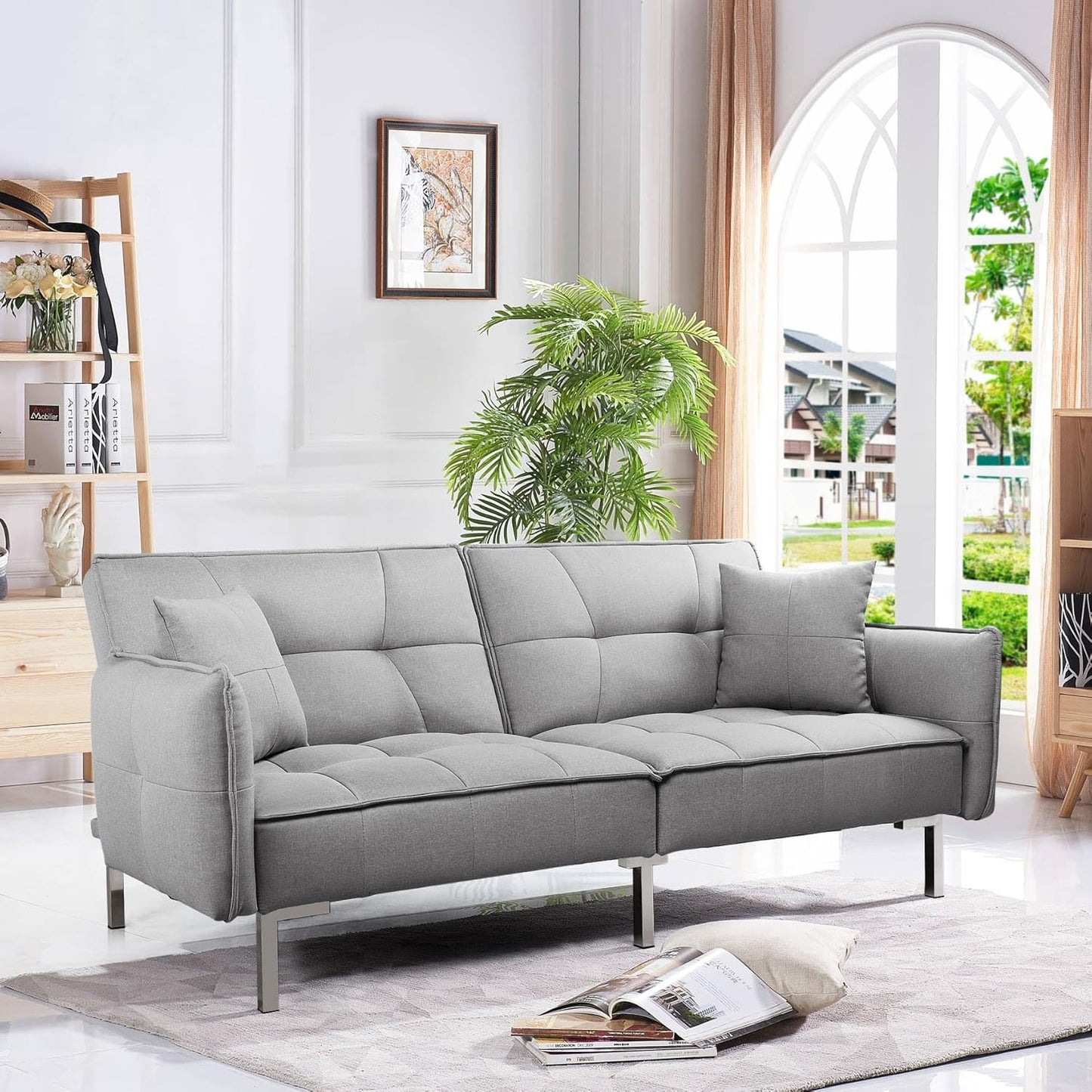 Sofa Bed 198CM Modern Fabric 3 Seat Click Clack Sofa Bed Couch Settee with Arms and 2 Soft Cushions