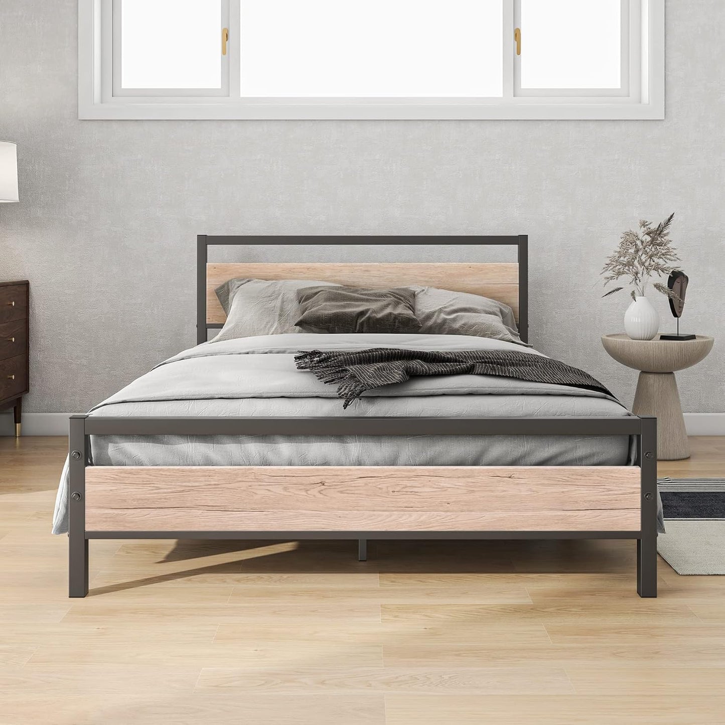 Metal Bed Double Bed Frames with Wood Headboard Natural Oak