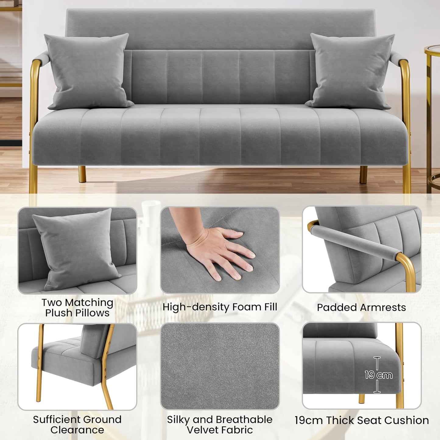 Sofa 2 Seater Modern Sofa Velvet Fabric Loveseat with Gold-tone Metal Arms and Legs for Bedroom