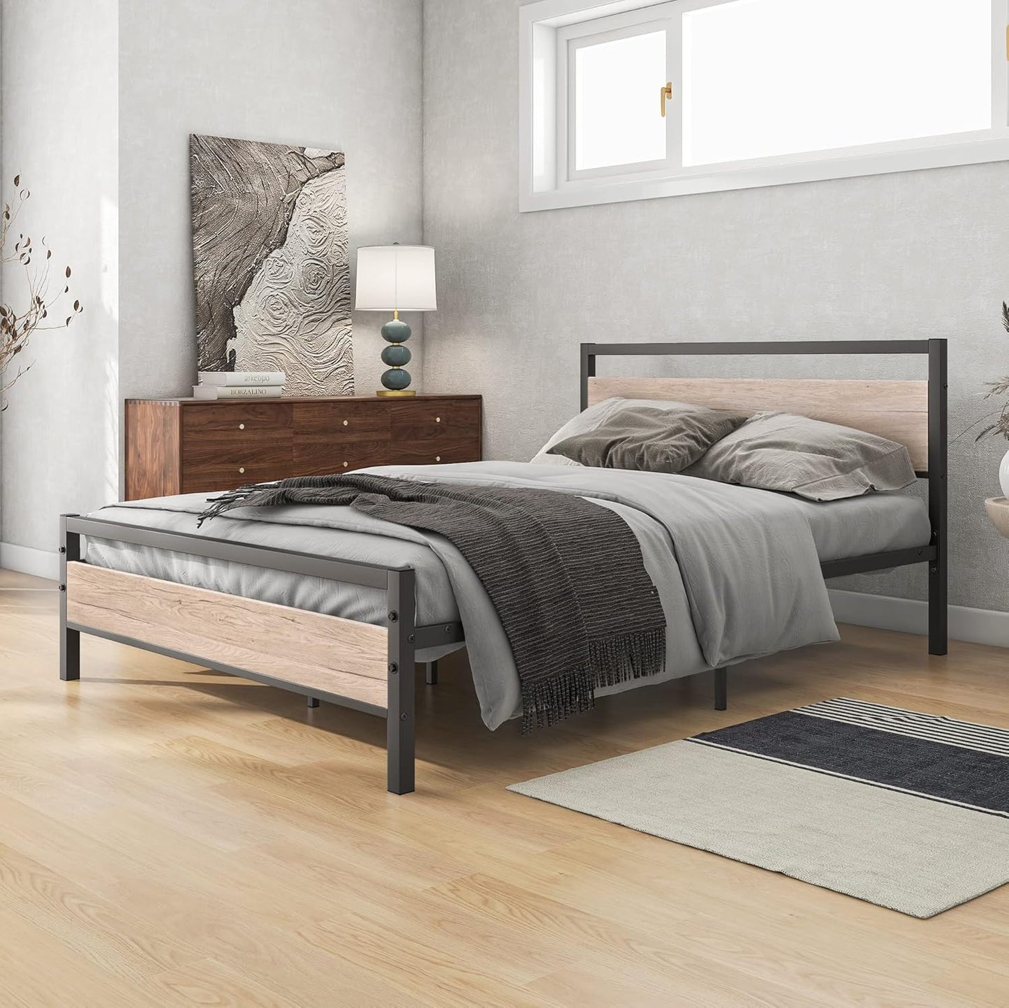 Metal Bed Double Bed Frames with Wood Headboard Natural Oak