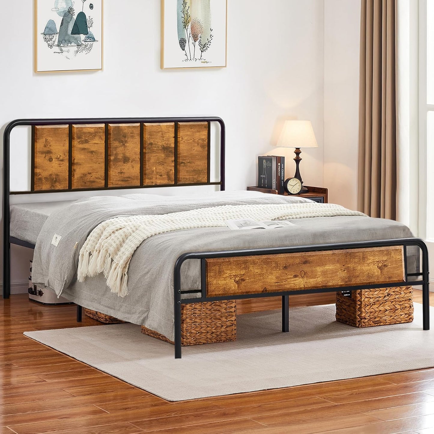 Metal Double Classic Brown Bed Platform with Headboard & Footboard