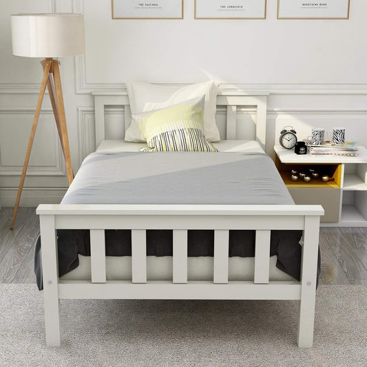 Wooden Frame Bed 3ft Single Frame White Kids Style Solid & Footboard