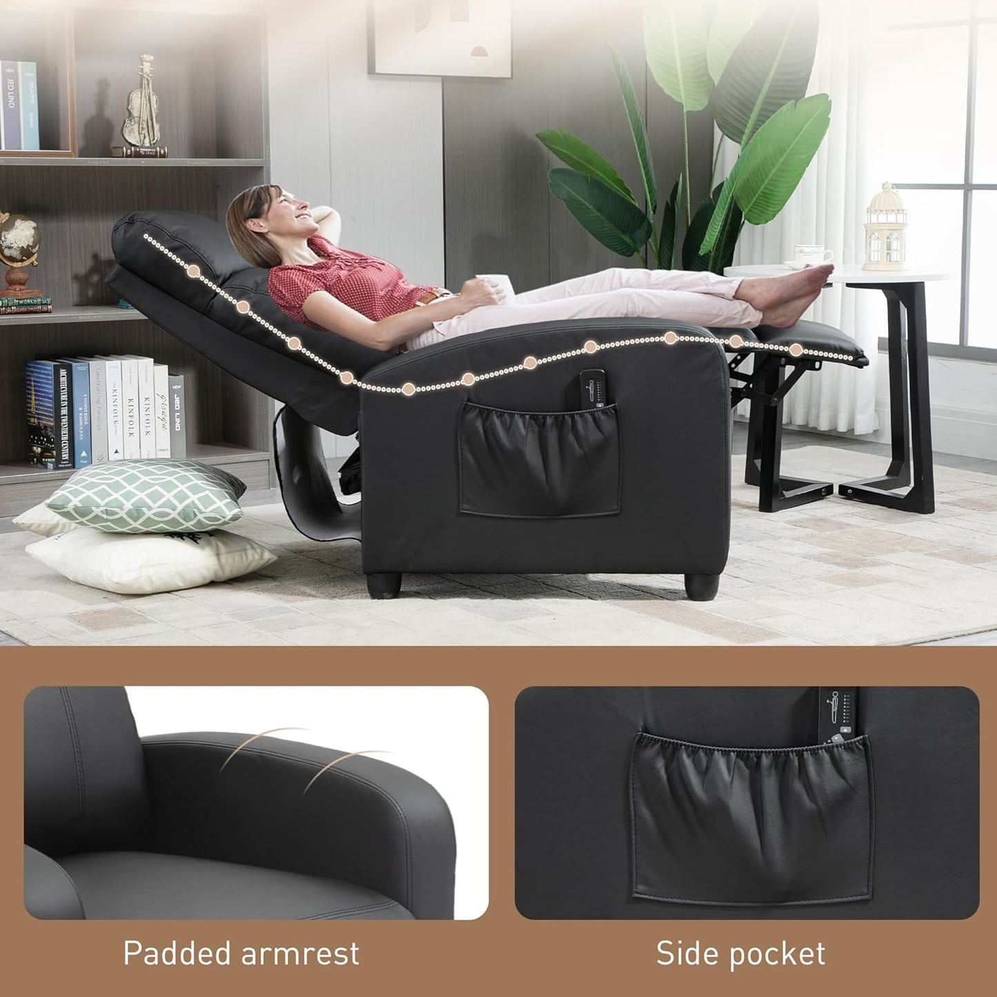 Sofa Recliner Armchair, Massage Faux Leather Push Back Sofa Reclining Chair with Adjustable Leg