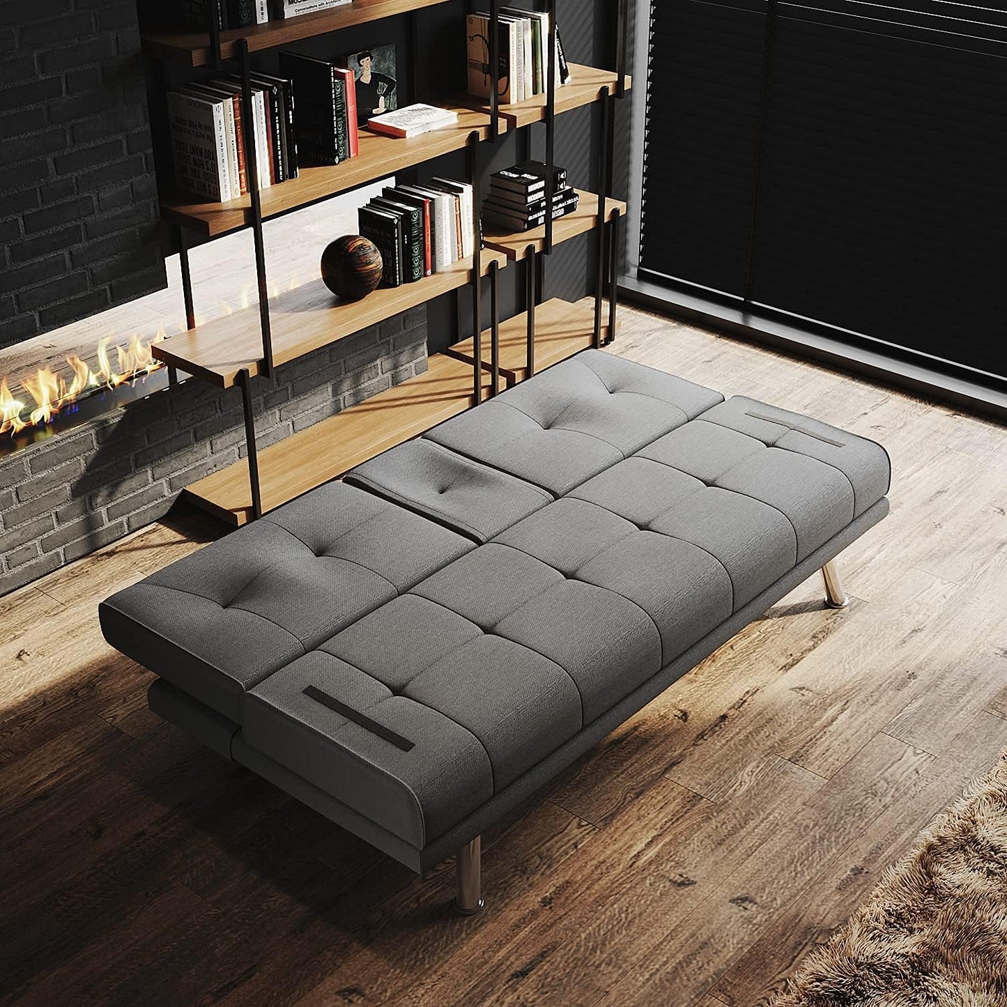 Sofa Modern Dark Gray Fabric Sofa Bed with 2 Cup Holders & Removable Pillow Fireproof