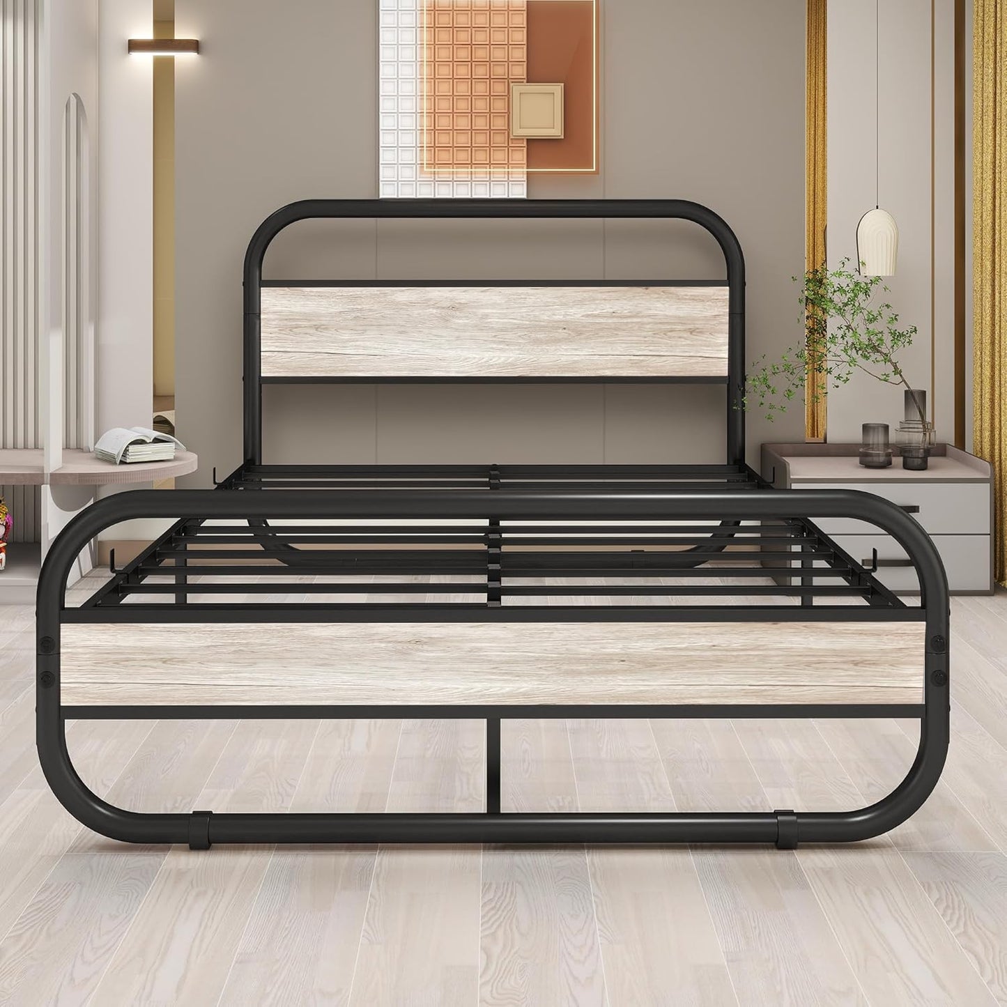 Metal Bed King Size Metal Platform Bed Frame with Wood Headboard