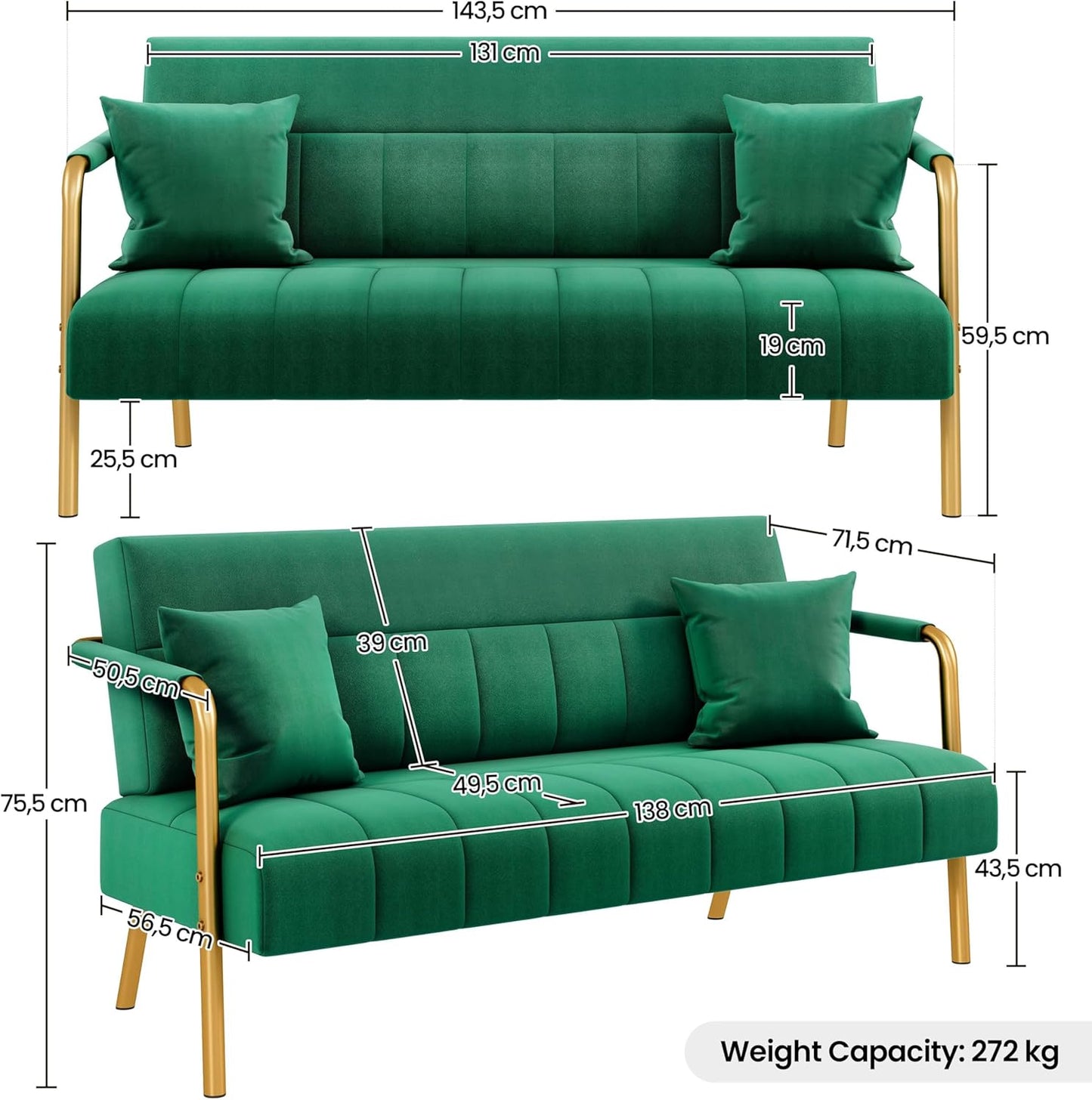 Sofa 2 Seater Modern Sofa Velvet Fabric Loveseat with Gold-tone Metal Arms and Legs for Bedroom