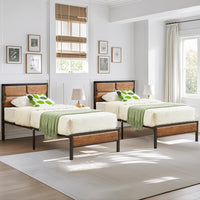 Metal Single Bed Frame Set of 2 with Wooden Design Headboard and Footboard