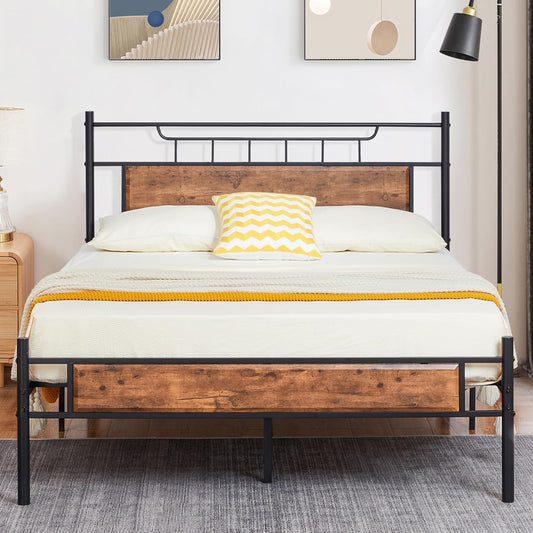 Metal Double Rustic Brown Bed Platform with Headboard & Footboard