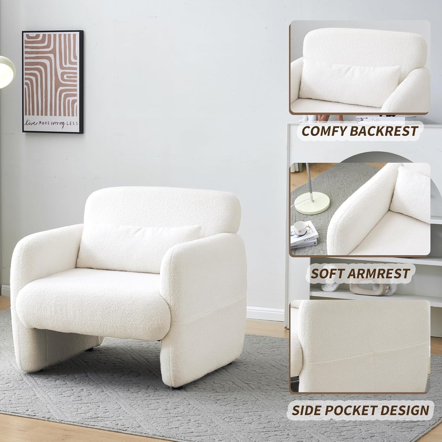 Single Upholstered Sherpa Armchair, Tub Chair with Back Pillow, Accent Chair, Sofa Chair, White Single Sofa