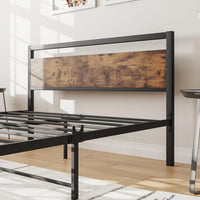 Metal Bed Frame Wooden Headboard and Footboard Heavy Duty