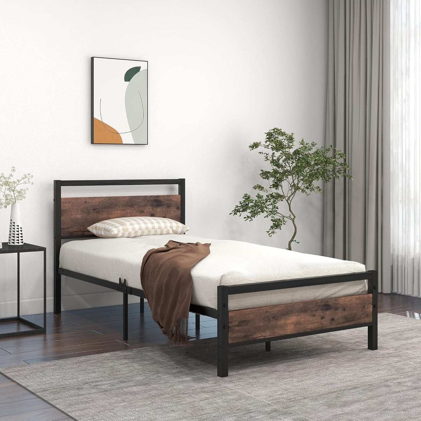 Metal Bed Frame Wooden Headboard and Footboard Heavy Duty