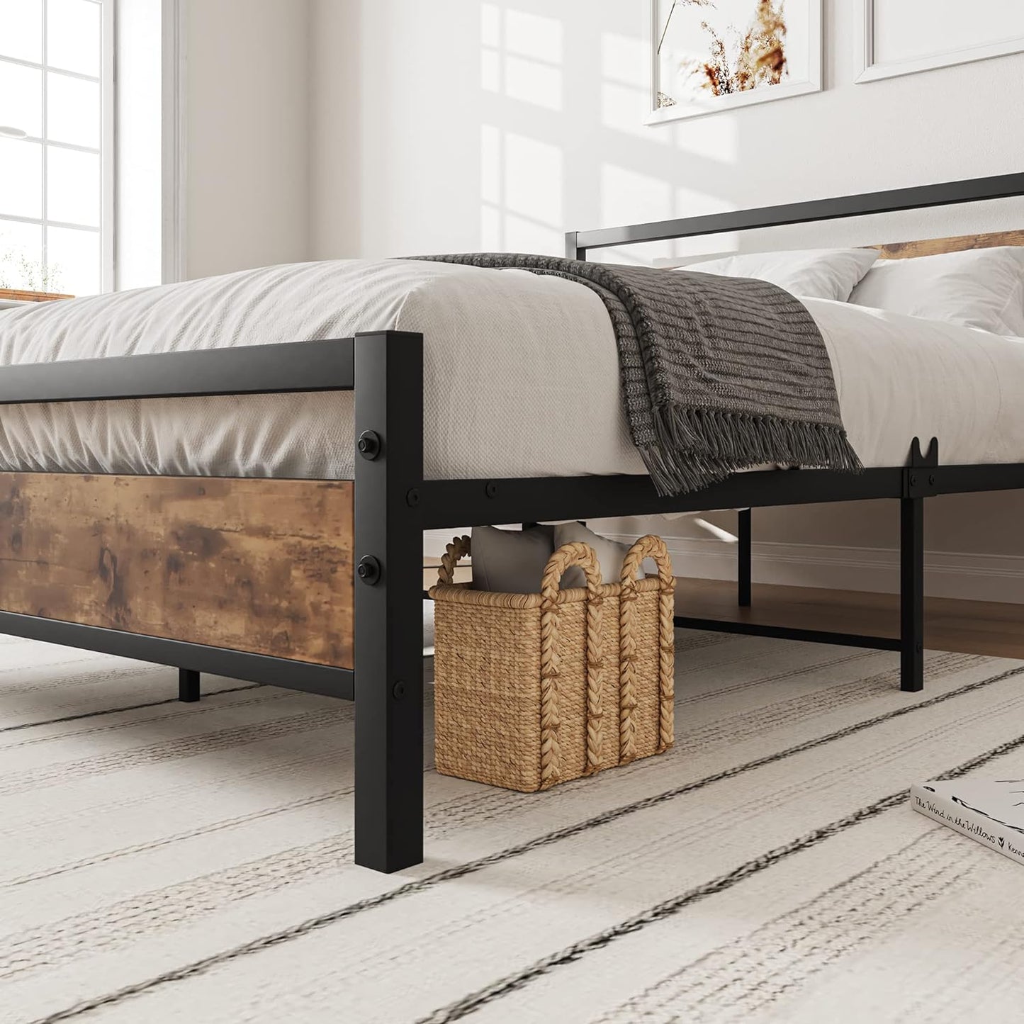 Metal Bed Frame Wooden Headboard and Footboard Heavy Duty