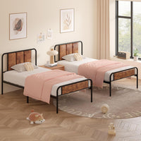 Metal Single Bed Frame Set of 2 with Wooden Design Headboard and Footboard