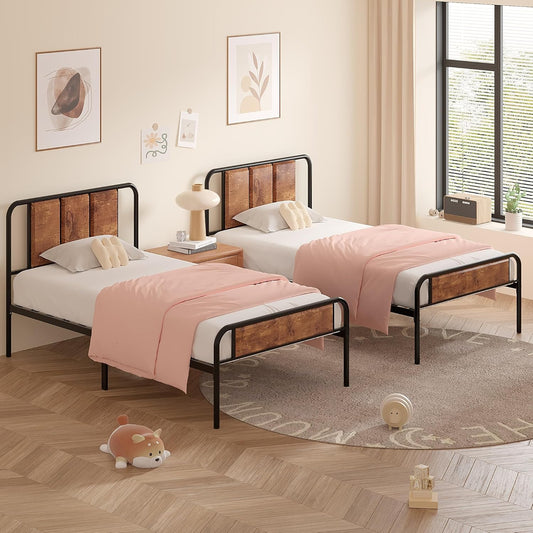 Metal Single Bed Frame Set of 2 with Wooden Design Headboard and Footboard