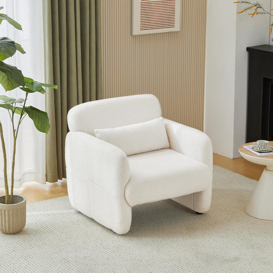 Single Upholstered Sherpa Armchair, Tub Chair with Back Pillow, Accent Chair, Sofa Chair, White Single Sofa